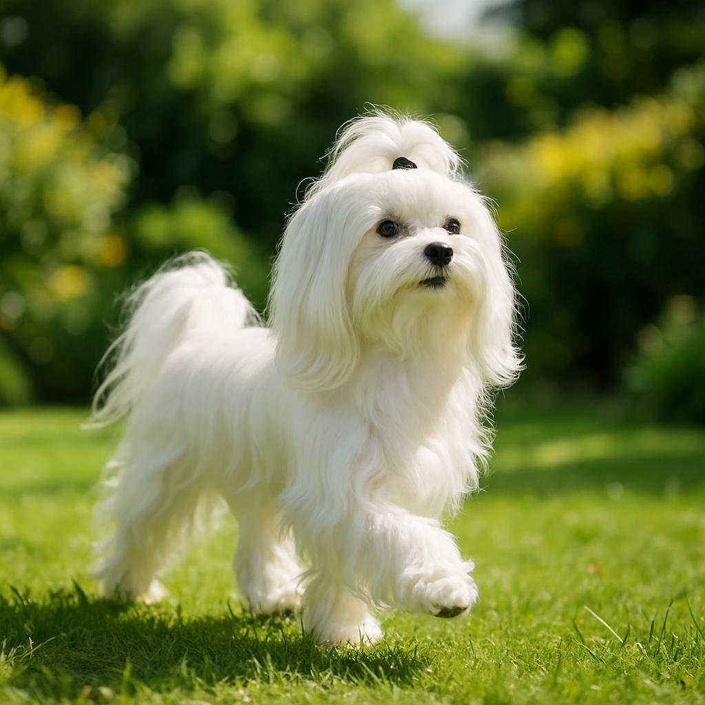 Maltese enjoying sunny garden stroll