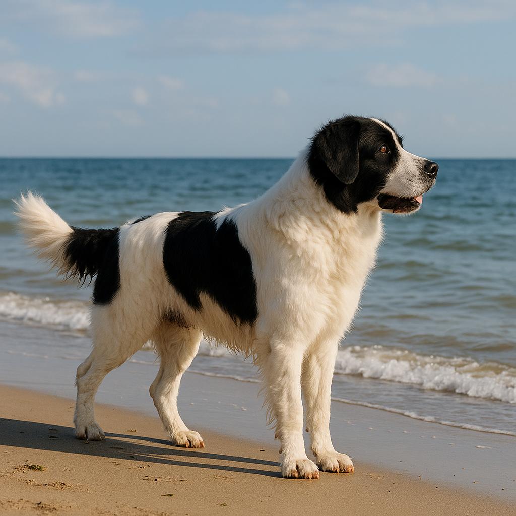 Landseer standing by ocean edge