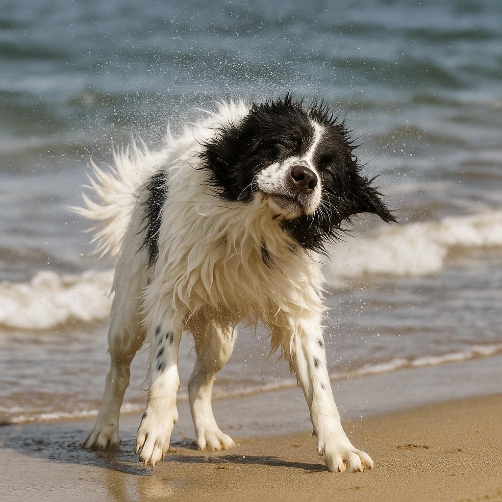 Landseer shaking off ocean water