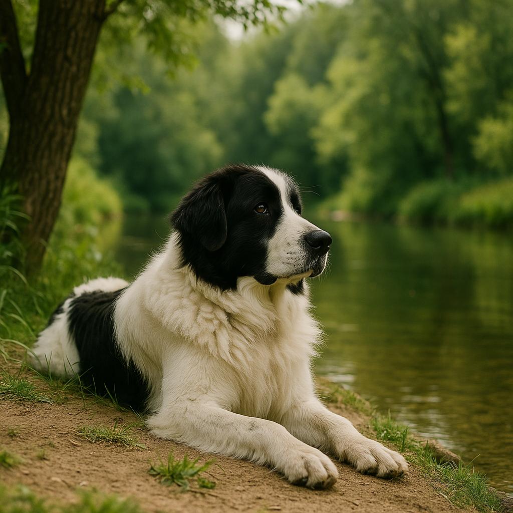 Landseer resting by quiet river