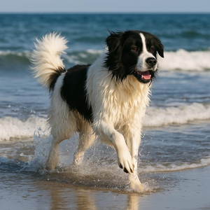 Landseer bounding through surf waves