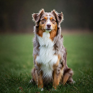 The image showcases an adult Australian Shepherd with a lush, multicolored coat (possibly black, blue merle, red merle, or red). Its bright eyes, which may be heterochromatic, convey an intelligent and alert expression. The dog is pictured alone in a natural setting like a green meadow or open field, with natural light highlighting its muscular build and active stance against a blurred, neutral background, free of people or distractions.