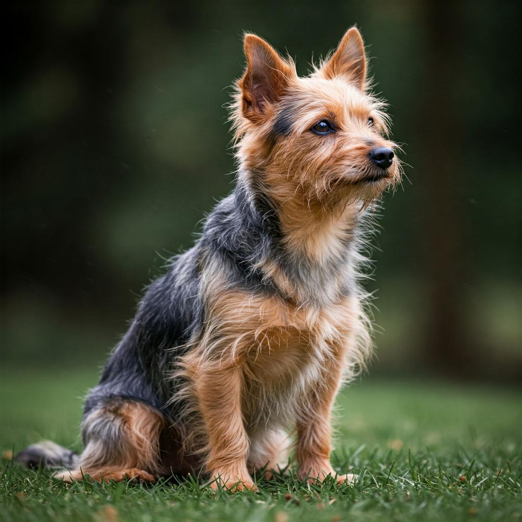 The image features a close-up of an Australian Silky Terrier with a long, silky, and shiny black and tan coat. It has a compact and well-proportioned build, erect ears, and a lively, attentive expression. The photograph, devoid of people or text, focuses on the dog's elegant and refined appearance.