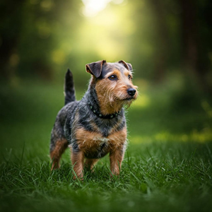 The image shows an Australian Terrier in a green meadow, highlighting its distinctive physical characteristics: a compact, low-to-the-ground body, a medium-length, wiry coat, erect and pointed ears, and a lively, attentive gaze.