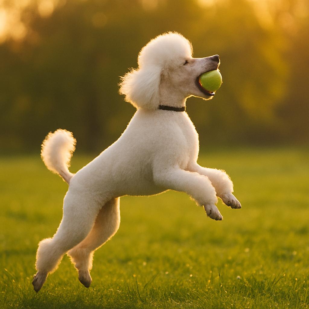 Poodle vaults in sunlit lea