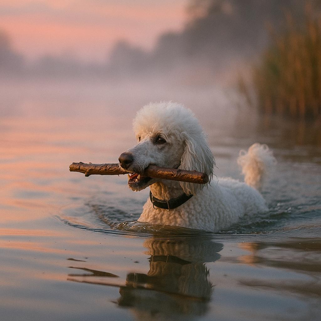 Poodle glides through dawn mist