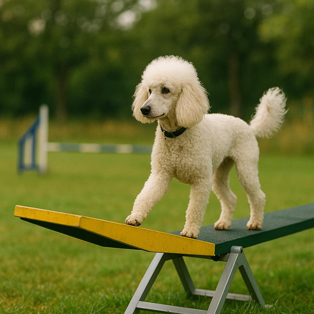 Poodle balances on teeter board