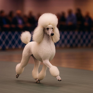 Poodle glides beneath rosy dusk
