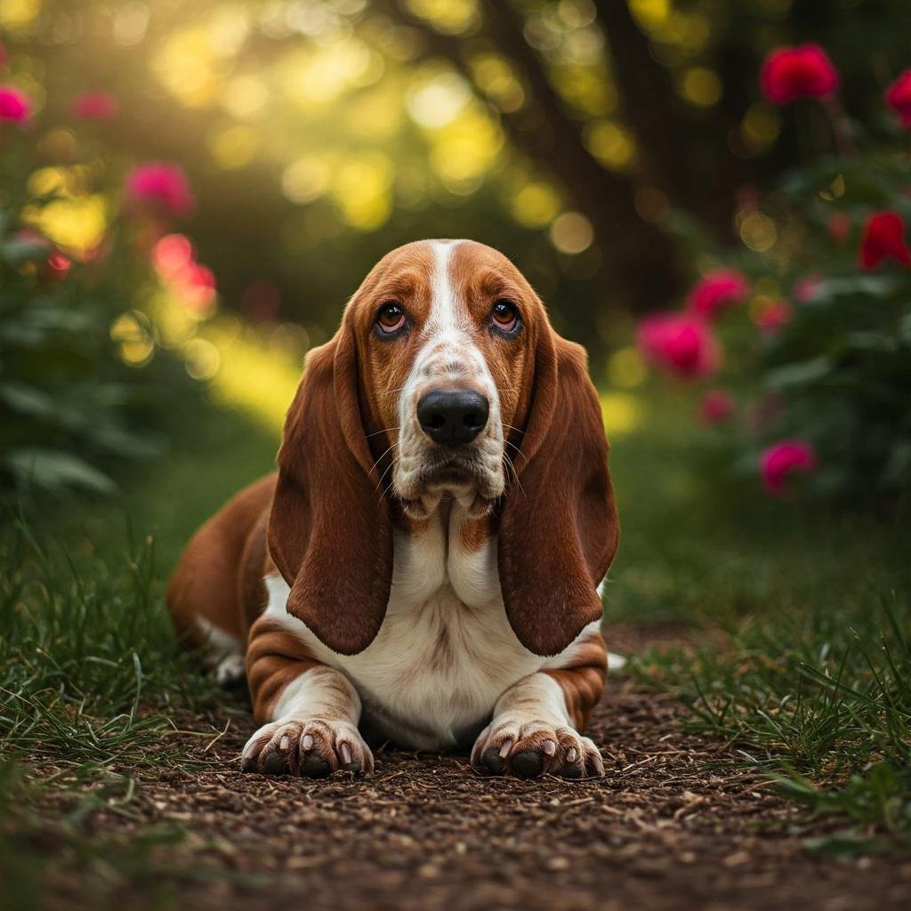 A Basset Hound in a quiet outdoor environment.