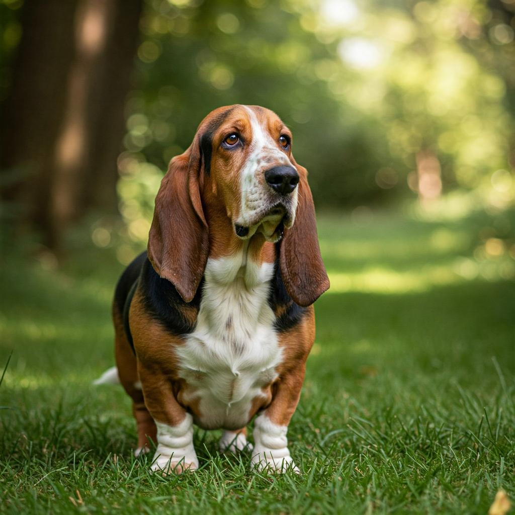 a Basset Hound, full-length shot in a natural setting.