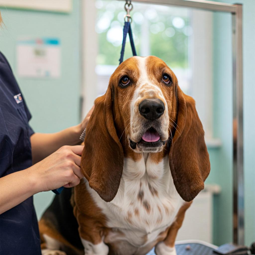 The image shows a Basset Hound being gently brushed by a person in a bright and clean grooming setting, conveying a sense of care and well-being.