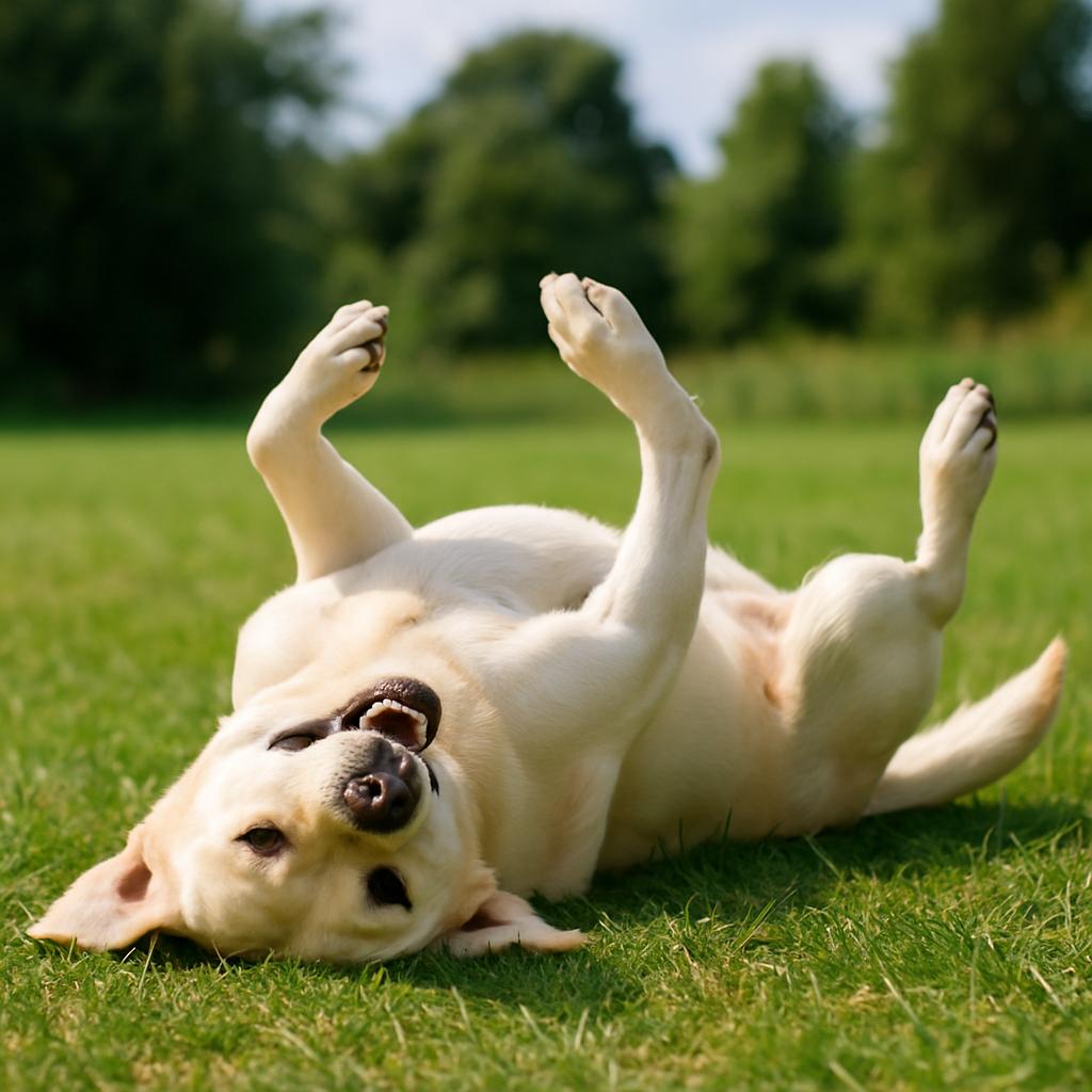 Labrador Retriever playful grass roll