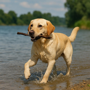 Labrador Retriever fetching water stick