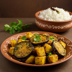 Beguni Ghonto, a traditional Bengali dish made with fried eggplant, potatoes, and a blend of aromatic spices like turmeric, cumin, and coriander, garnished with fresh coriander leaves.