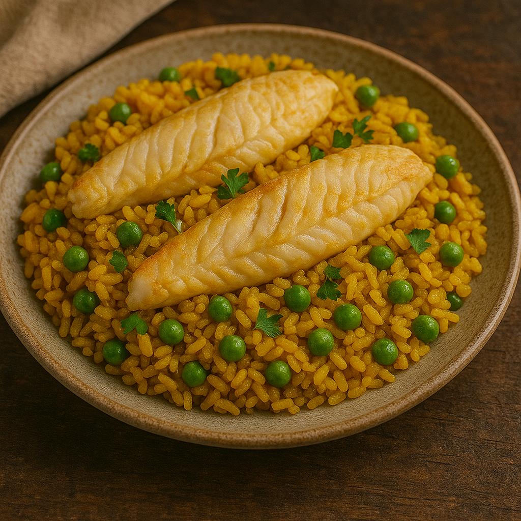 Flaky fillets on golden rice