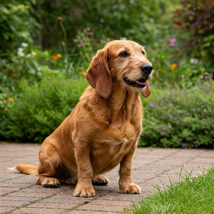 A Basset Fauve de Bretagne in a garden.