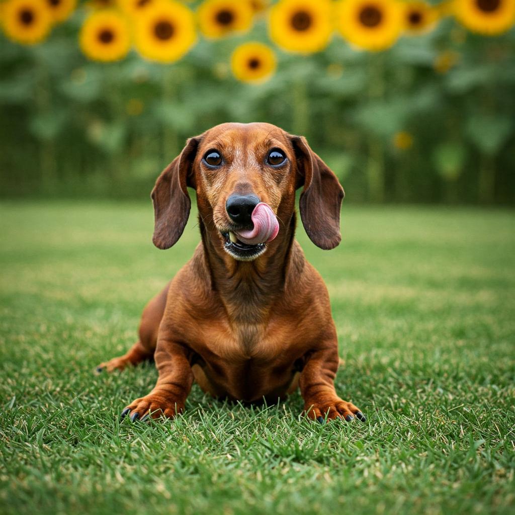 A dachshund attempts a yoga pose on a green lawn, looking both determined and a bit confused.