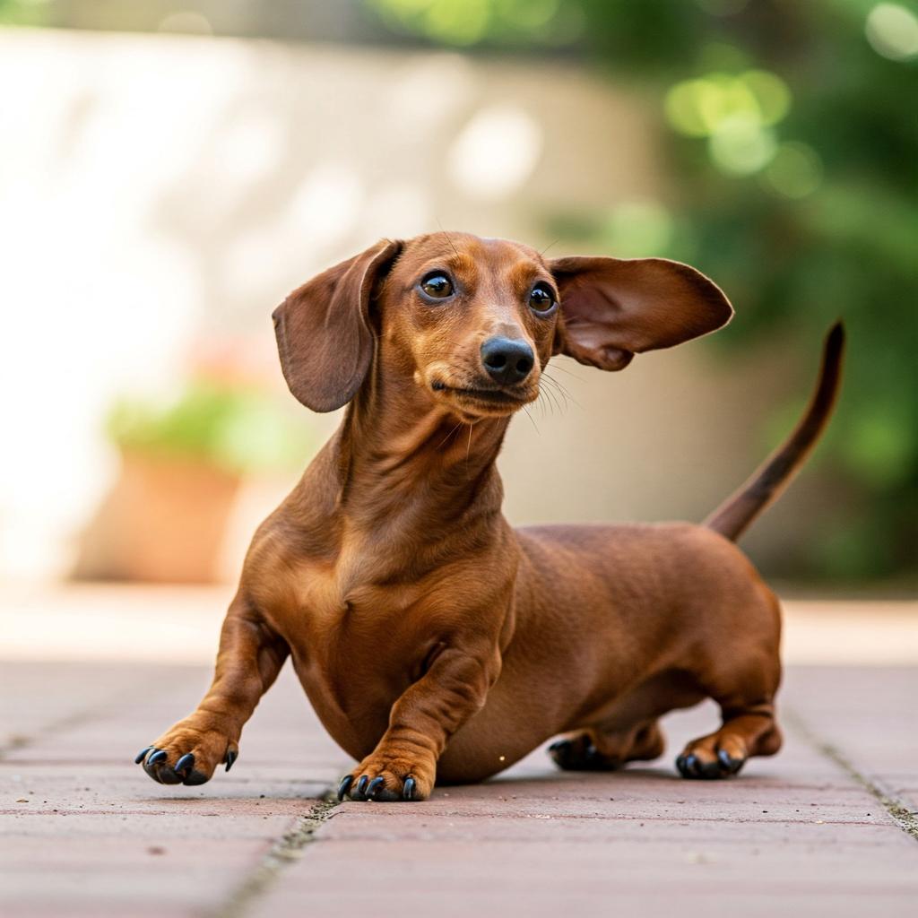 A dachshund, with its long body and short legs, captured in a hilariously awkward pose, perhaps trying to reach a treat or scratching its back against a wall.