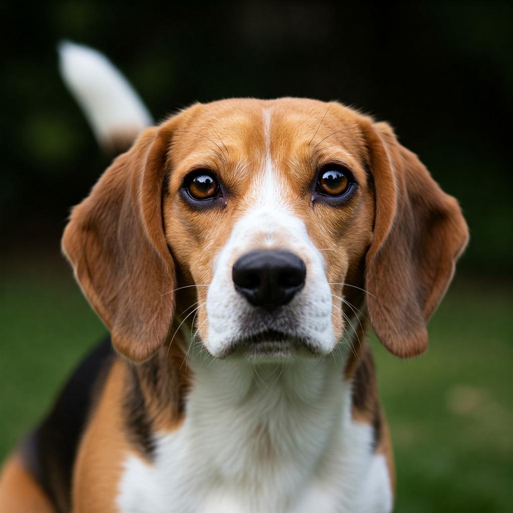 A close-up portrait of a beagle with expressive brown eyes, floppy ears, and a brown and white coat. Its tail is slightly blurred, suggesting movement.