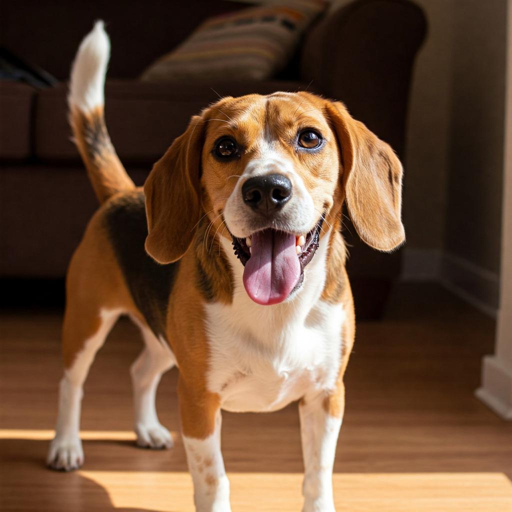 A happy beagle stands indoors on a wooden floor with its mouth open, tongue out, and tail wagging, conveying a playful and cheerful disposition.