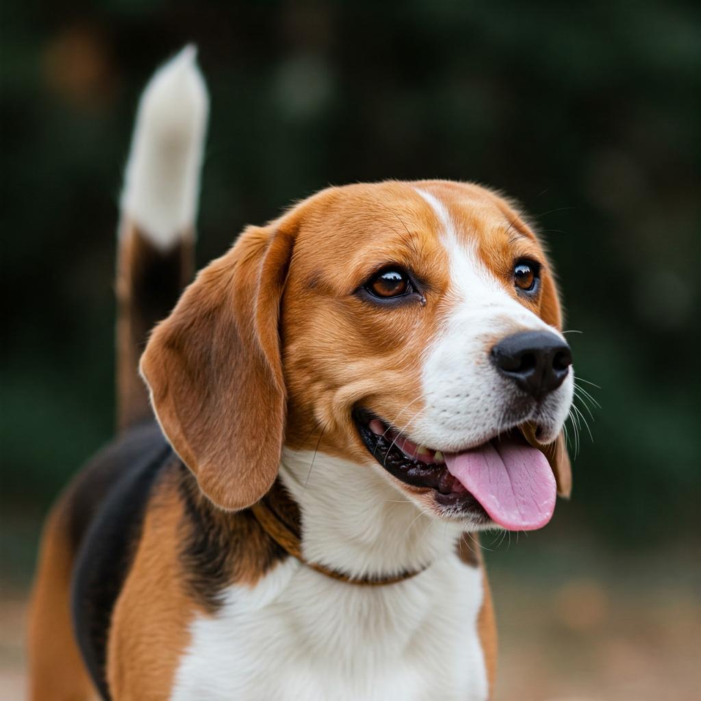 A detailed close-up of a beagle's head and shoulders, showcasing its short, glossy coat with a distinct tan and white pattern, floppy brown ears, expressive brown eyes, and a slightly open mouth with its pink tongue visible.