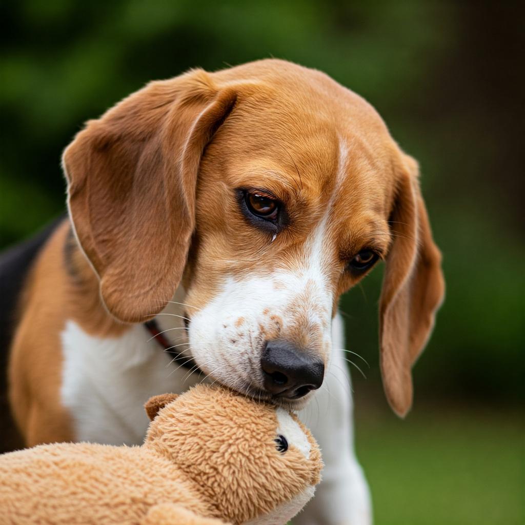 A tender close-up of a beagle gently nuzzling a soft, brown stuffed animal, conveying a sense of care and affection.