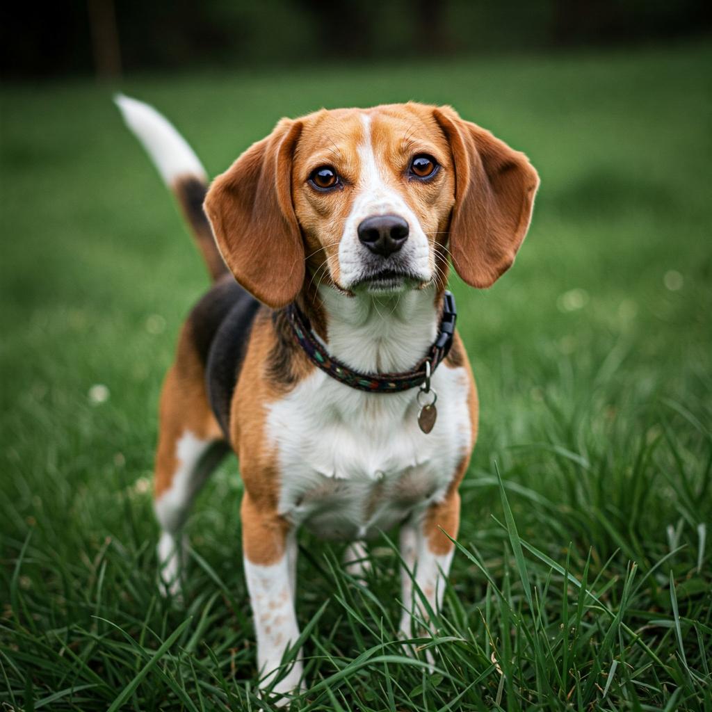 A medium-sized Beagle Harrier dog with a tan and white coat, long floppy ears, and a focused expression stands alert in a grassy field.