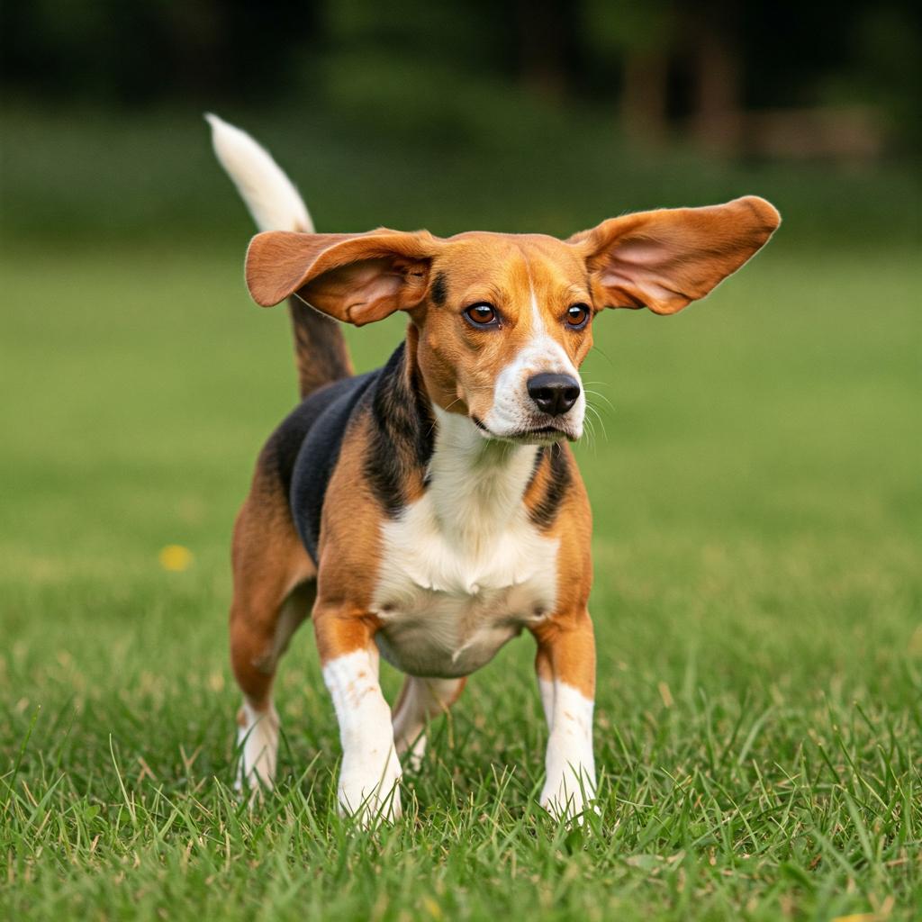 A Beagle Harrier with its ears comically flying upwards and its tail wagging stands alert in a grassy field, conveying an energetic and inquisitive personality.