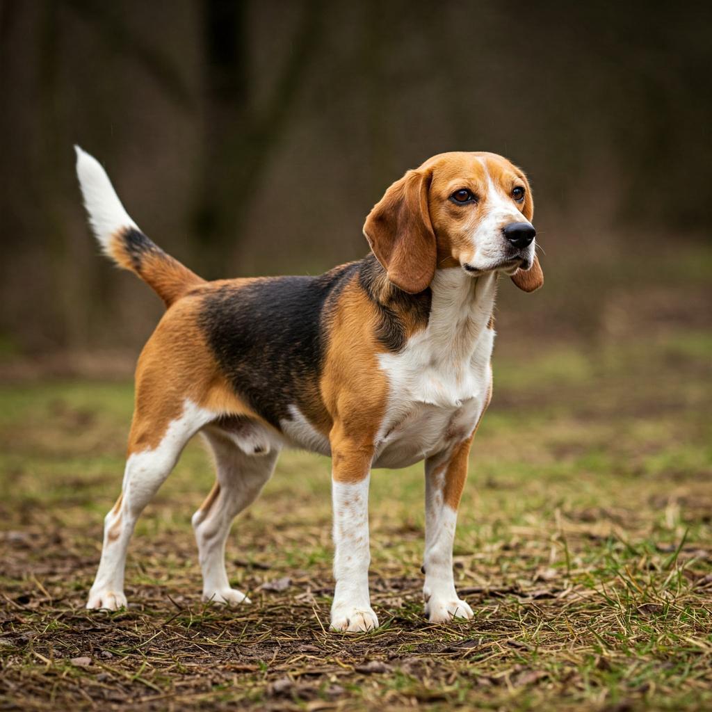 A Beagle Harrier, a medium-sized hound breed, stands in a classic hunting pose, its body poised and alert.