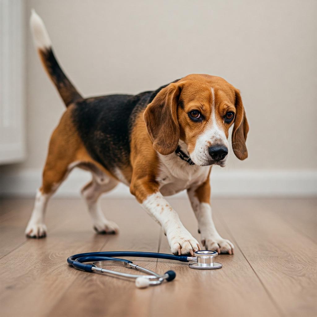 A Beagle Harrier, a medium-sized dog breed with a short, smooth coat of a brindle pattern, is captured in a dynamic pose that evokes healthcare.