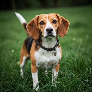 A medium-sized Beagle Harrier dog with a tan and white coat, long floppy ears, and a focused expression stands alert in a grassy field.