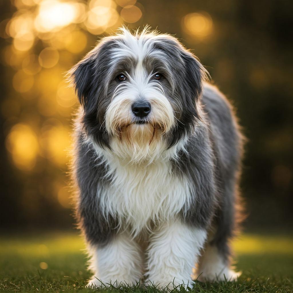 A Bearded Collie, a medium-sized breed known for its long, thick coat, stands against a backdrop of soft, golden light, highlighting its exquisite fluffy fur.