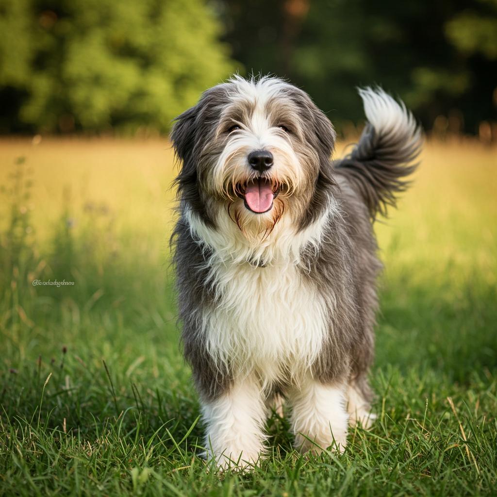 A Bearded Collie, with its signature long, shaggy coat and a playful, joyful expression, stands majestically in a sun-drenched meadow, perfectly capturing the breed's energetic and friendly nature.