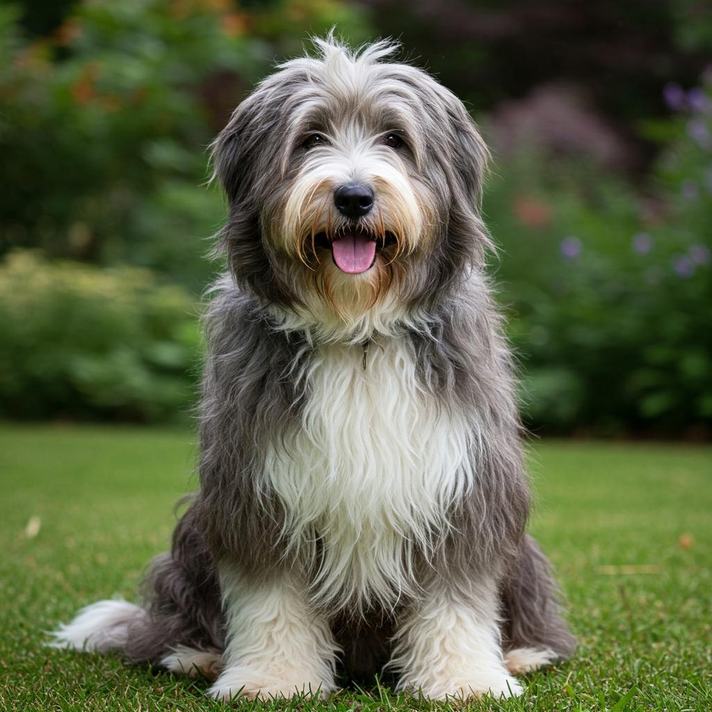 A Bearded Collie, its long, shaggy fur framing its face, sits in a park in a relaxed pose.