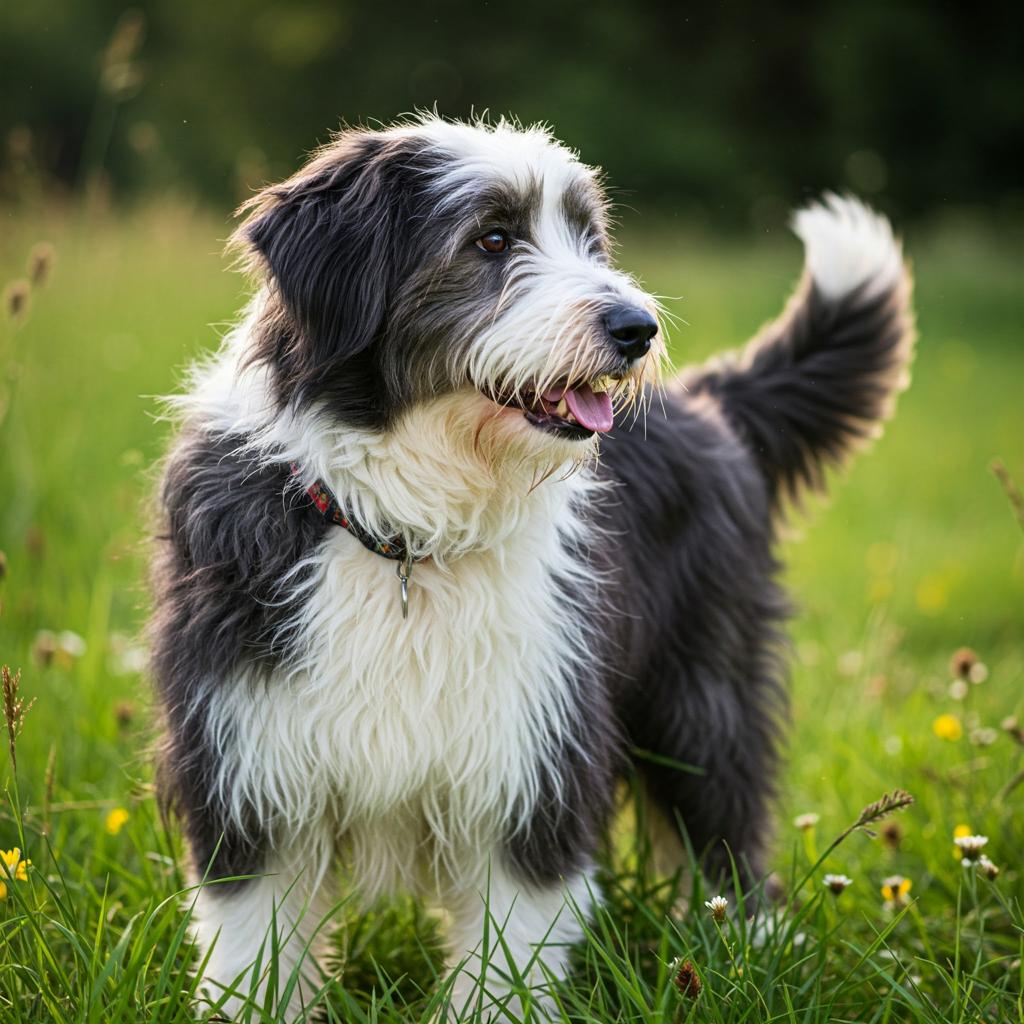 A Bearded Collie, with its signature fluffy white and black coat, stands in a lush green field, bathed in soft, natural light.