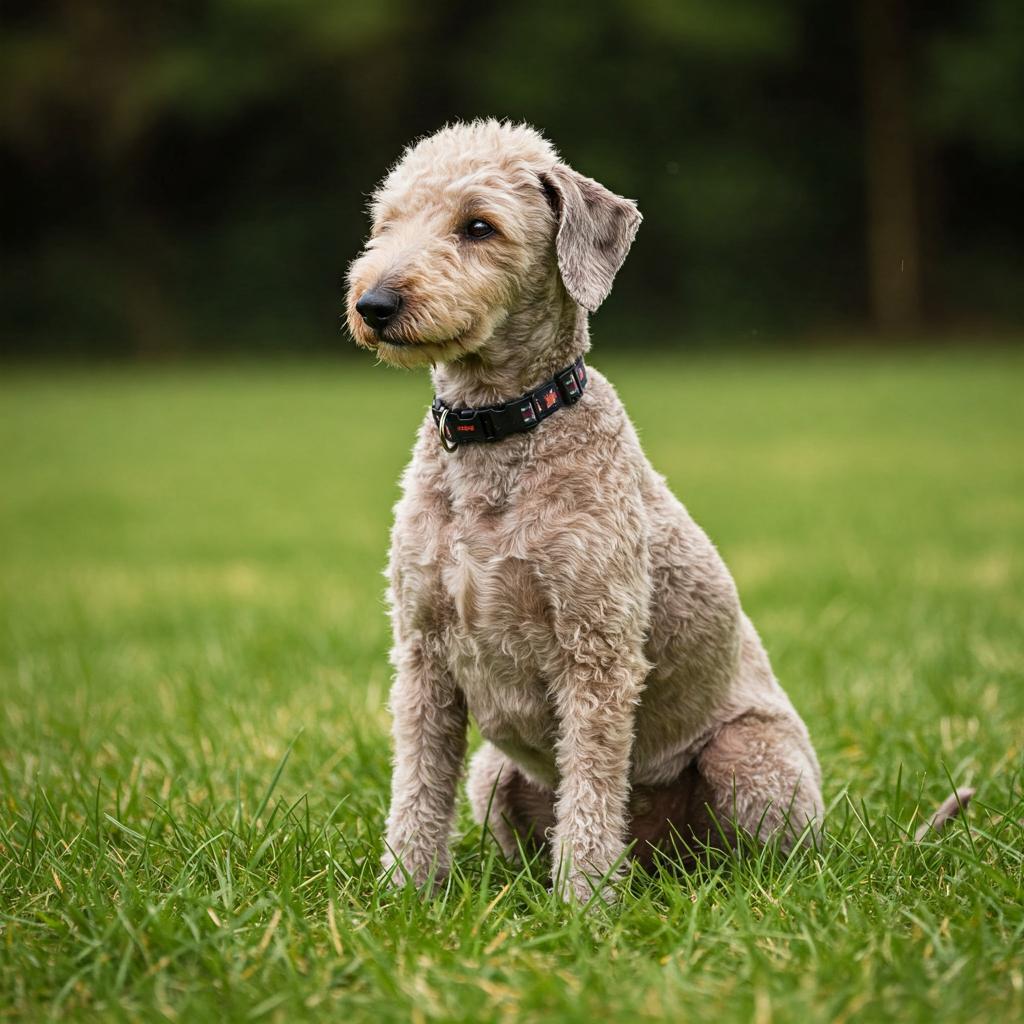A Bedlington Terrier, known for its soft, lamb-like appearance and gentle disposition, is captured in a moment of serene contemplation.
