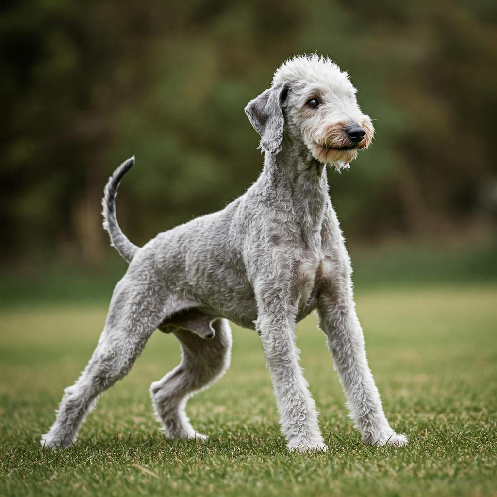 A Bedlington Terrier, a breed renowned for its unique lamb-like appearance, is captured in a dynamic pose that showcases its distinctive features.
