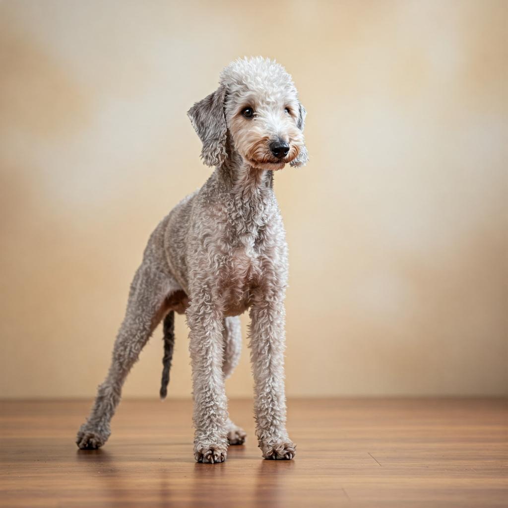 A Bedlington Terrier, with its distinctive fluffy, lamb-like coat, stands poised in a dynamic pose against a soft, blurred backdrop.