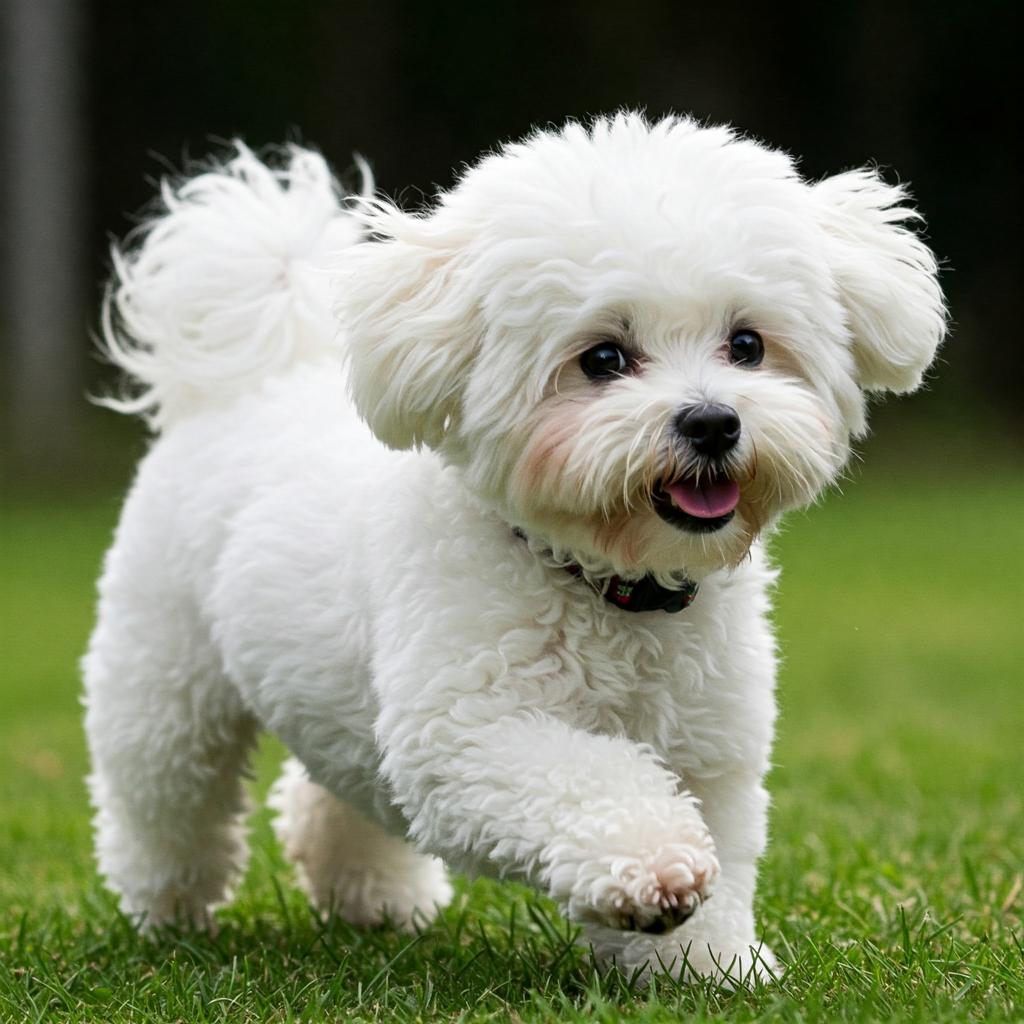 A Bichon Frisé is shown in a dynamic, active posture which shows its personality.
