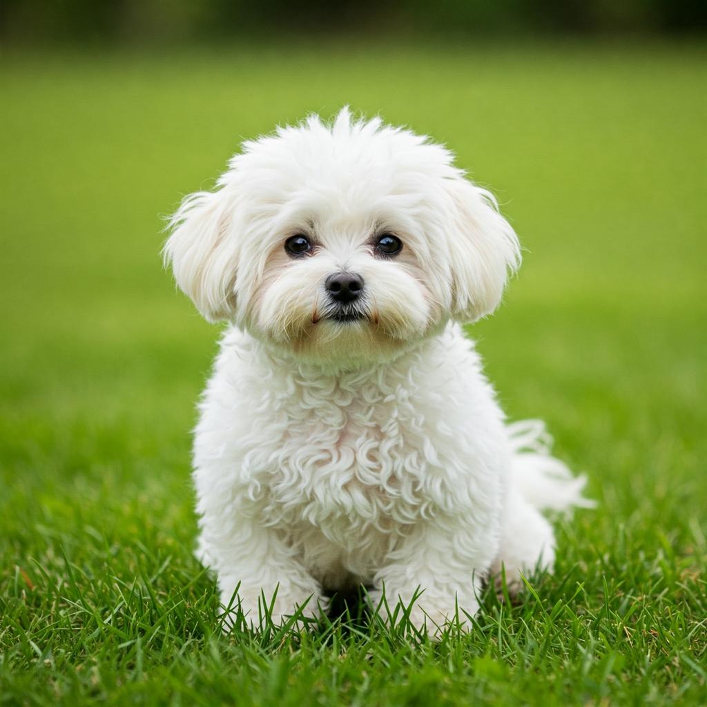 A Bichon Frisé, its fluffy white coat a cloud of softness, sits in the center of the frame, bathed in natural light.