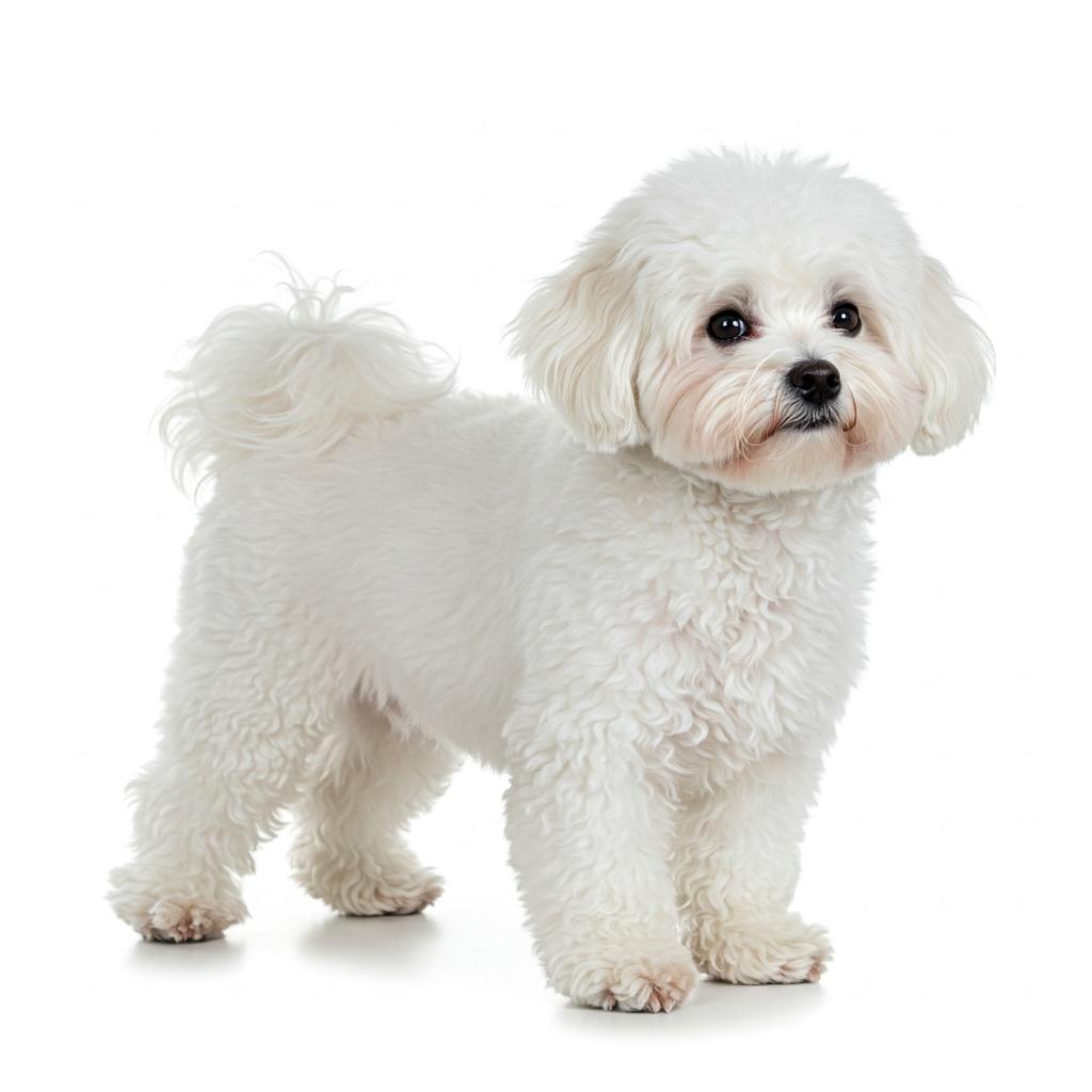 A Bichon Frisé, a fluffy white cloud of a dog, stands in a classic, alert pose, showcasing its signature cotton-ball-like coat.