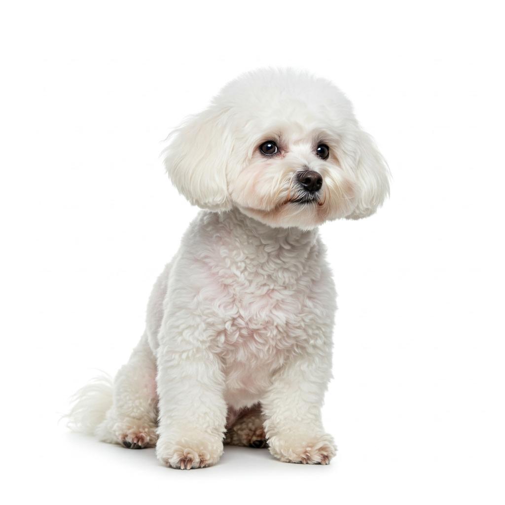 A Bichon Frisé, impeccably groomed with a fluffy white coat, is captured in a serene, almost meditative pose, suggesting a sense of wellness.