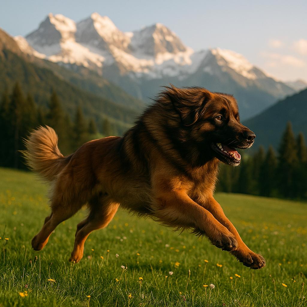 Leonberger sprints across meadow