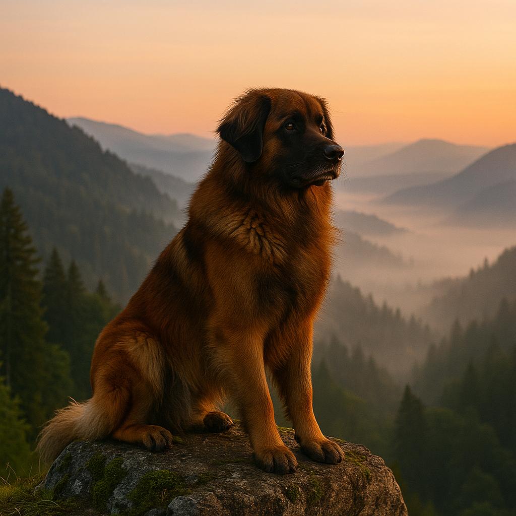 Leonberger atop serene misty valley