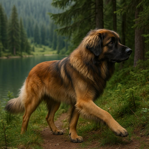 Leonberger exploring mountain forest trail