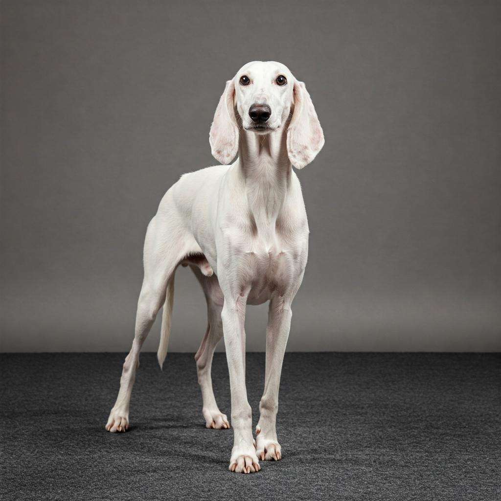 A White Billy Hound Dog Breed is shown from the side, in profile view, in a natural, relaxed, and dynamic position, demonstrating the breed's characteristic physical features.