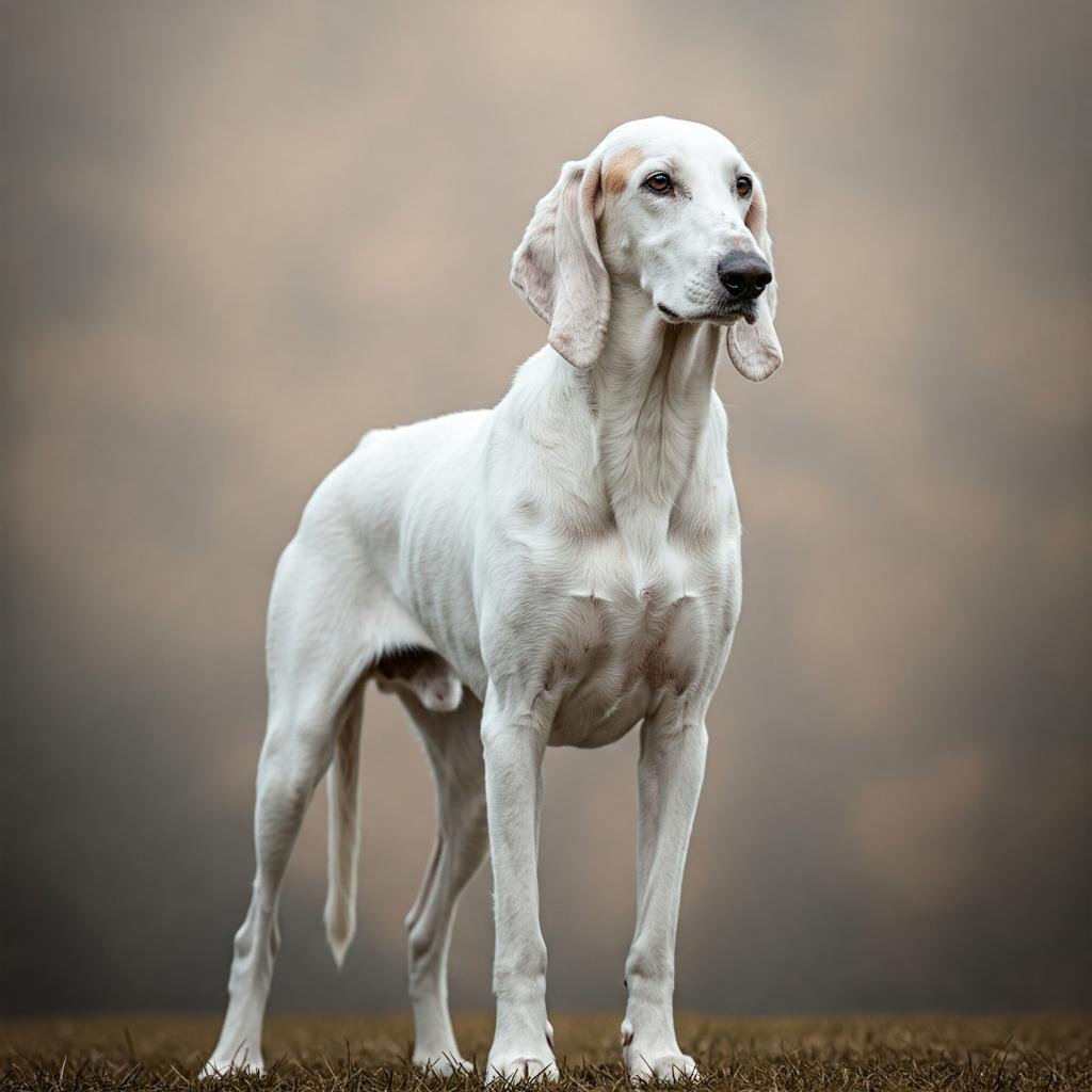 A White Billy Hound Dog Breed stands majestically against a soft, out-of-focus background, showcasing its elegant, streamlined silhouette.