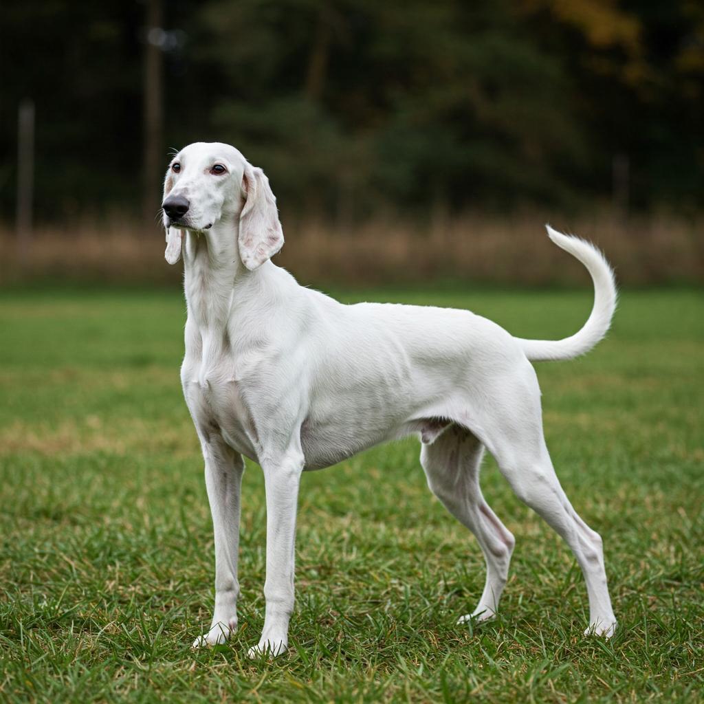A White Billy Hound Dog Breed stands proudly in a field, showcasing its distinctive traits.