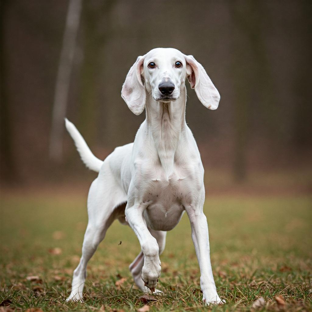 A striking, full-body portrait of a White Billy Hound Dog Breed, showcasing its distinctive characteristics.