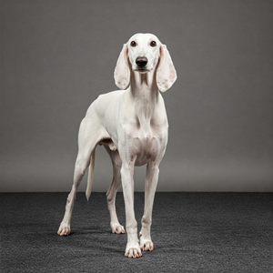 A White Billy Hound Dog Breed is shown from the side, in profile view, in a natural, relaxed, and dynamic position, demonstrating the breed's characteristic physical features.